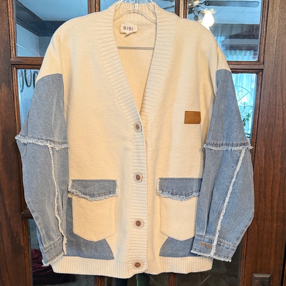 BiBi Cream Knit Cardigan with Light Denim Patchwork